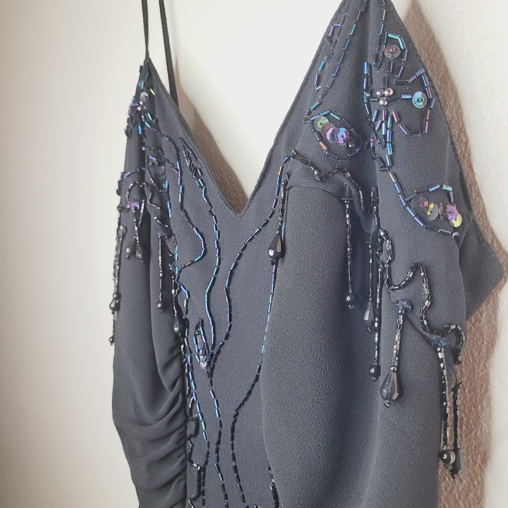 Vintage New Leaf Dress Samir Women's Sz 6 Black Cocktail Beaded Long Ruffles - Picture 3 of 12